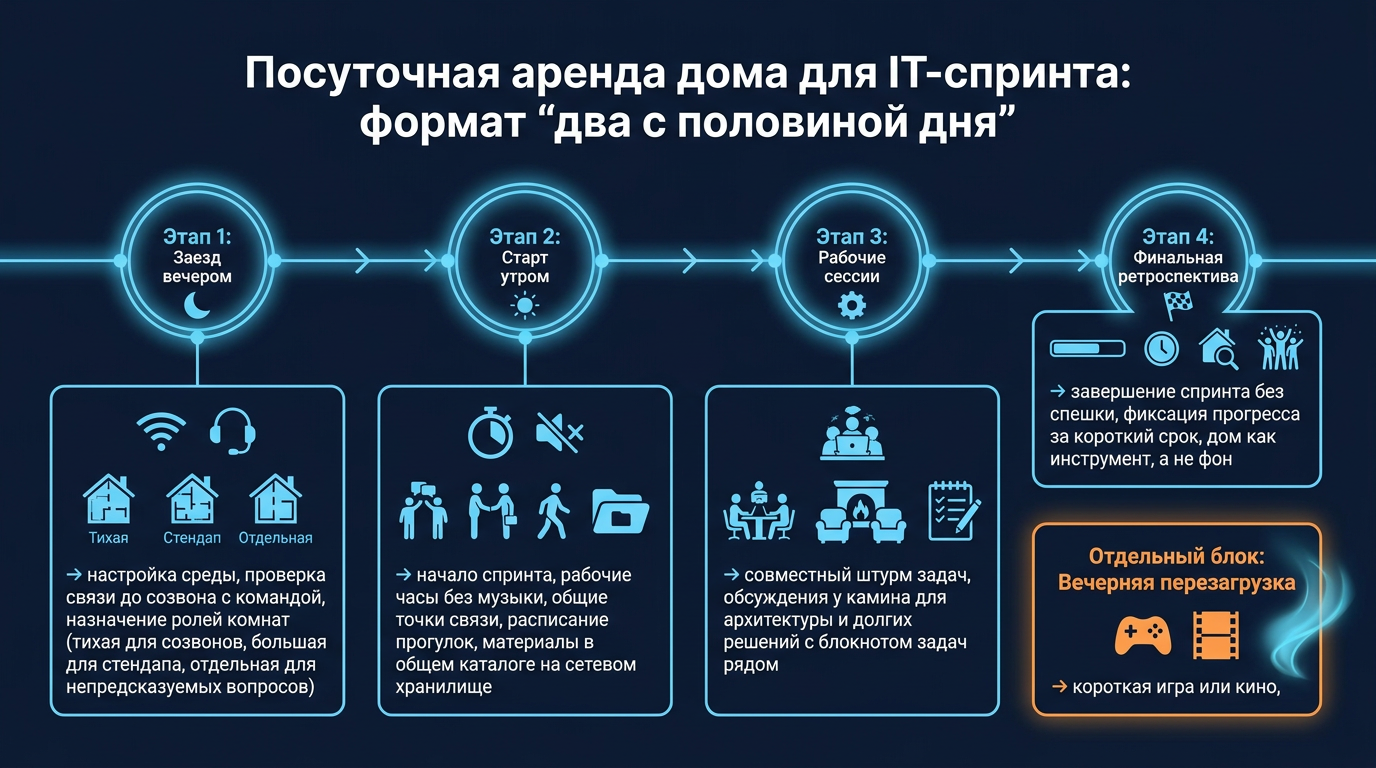 Посуточная аренда дома для IT-спринта: формат "два с половиной дня"